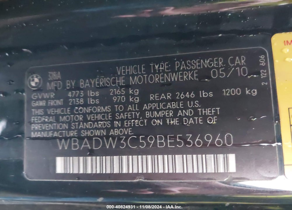 2011 BMW 328I VIN: WBADW3C59BE536960