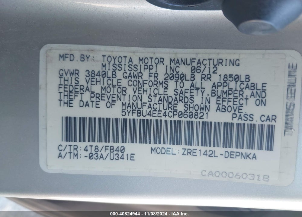 2012 TOYOTA COROLLA LE VIN: 5YFBU4EE4CP060821