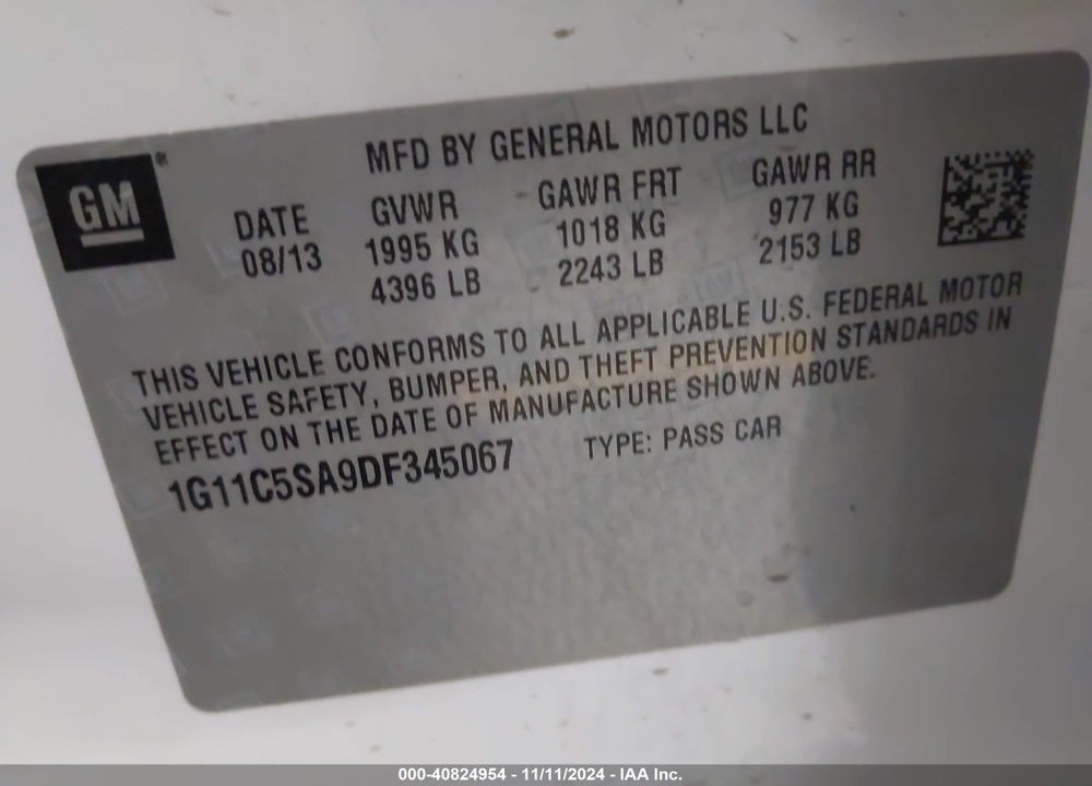 2013 CHEVROLET MALIBU 1LT VIN: 1G11C5SA9DF345067