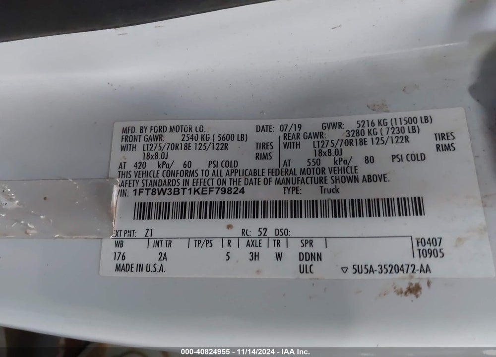 2019 FORD F-350 XLT VIN: 1FT8W3BT1KEF79824