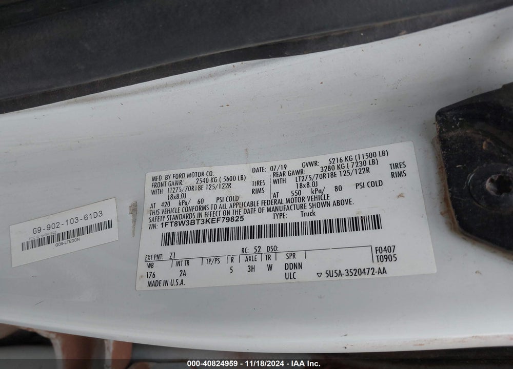 2019 FORD F-350 XLT VIN: 1FT8W3BT3KEF79825