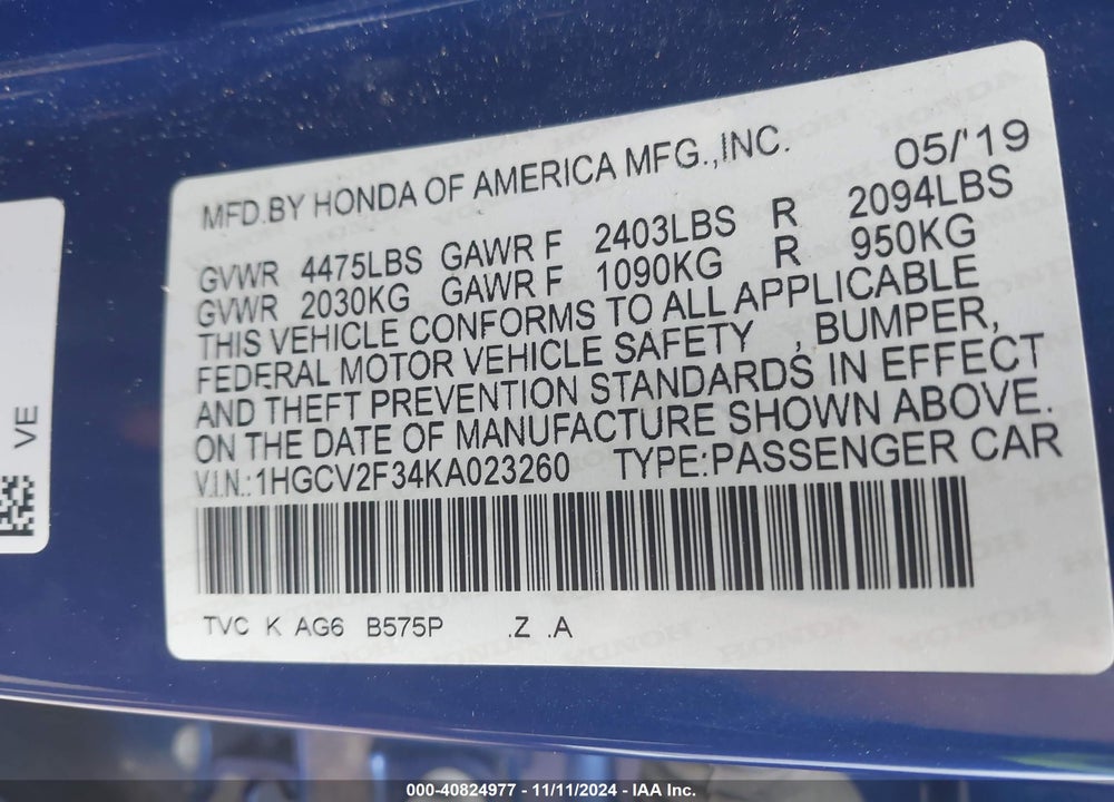 2019 HONDA ACCORD SPORT 2.0T VIN: 1HGCV2F34KA023260