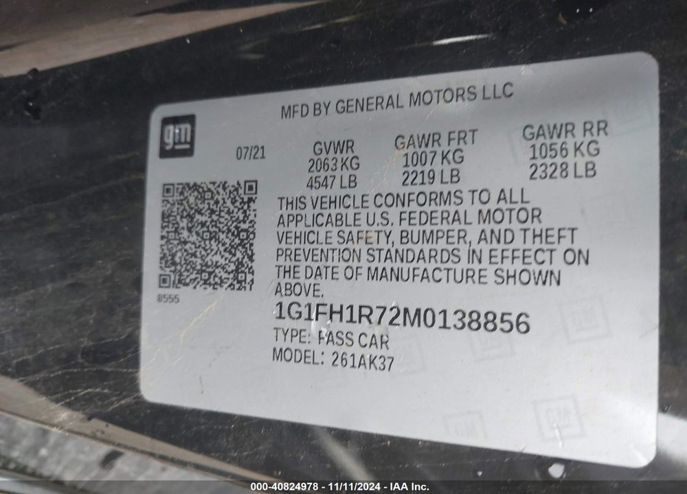 2021 CHEVROLET CAMARO RWD 2SS VIN: 1G1FH1R72M0138856