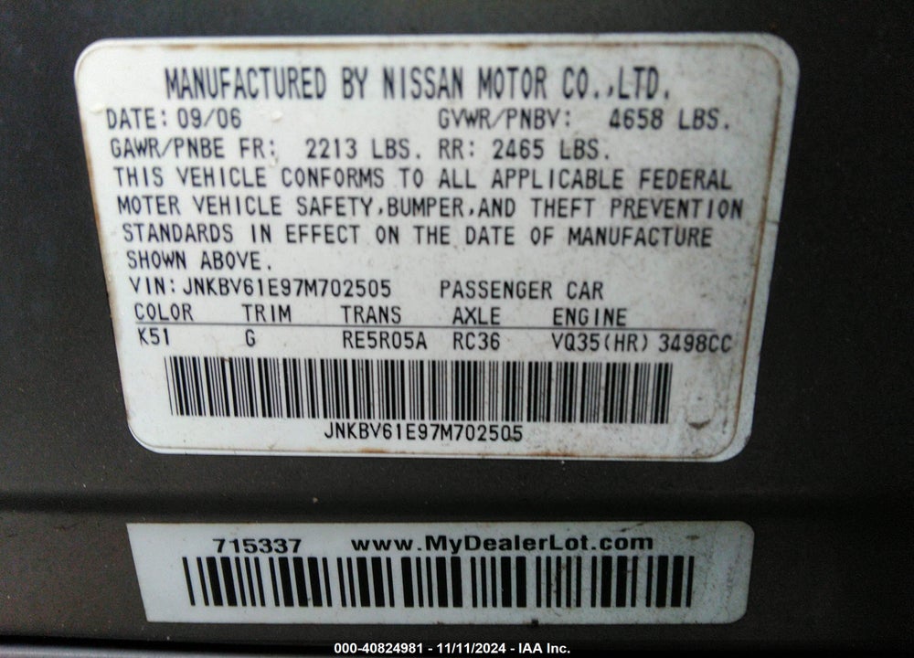 2007 INFINITI G35 SPORT VIN: JNKBV61E97M702505