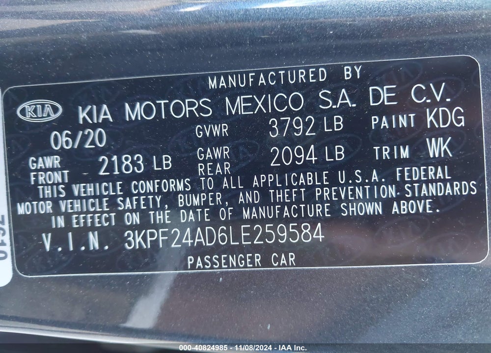 2020 KIA FORTE LXS VIN: 3KPF24AD6LE259584