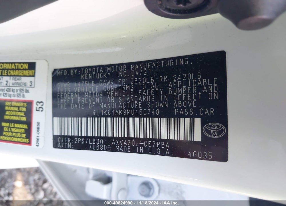 2021 TOYOTA CAMRY XSE VIN: 4T1K61AK9MU460748