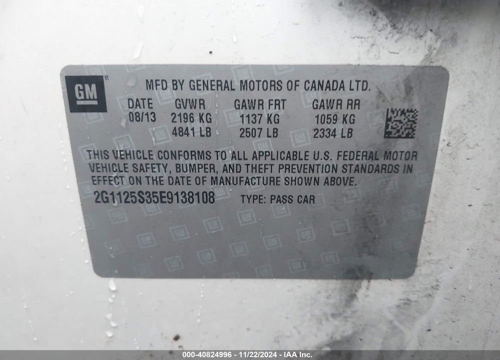 2014 CHEVROLET IMPALA 2LT VIN: 2G1125S35E9138108