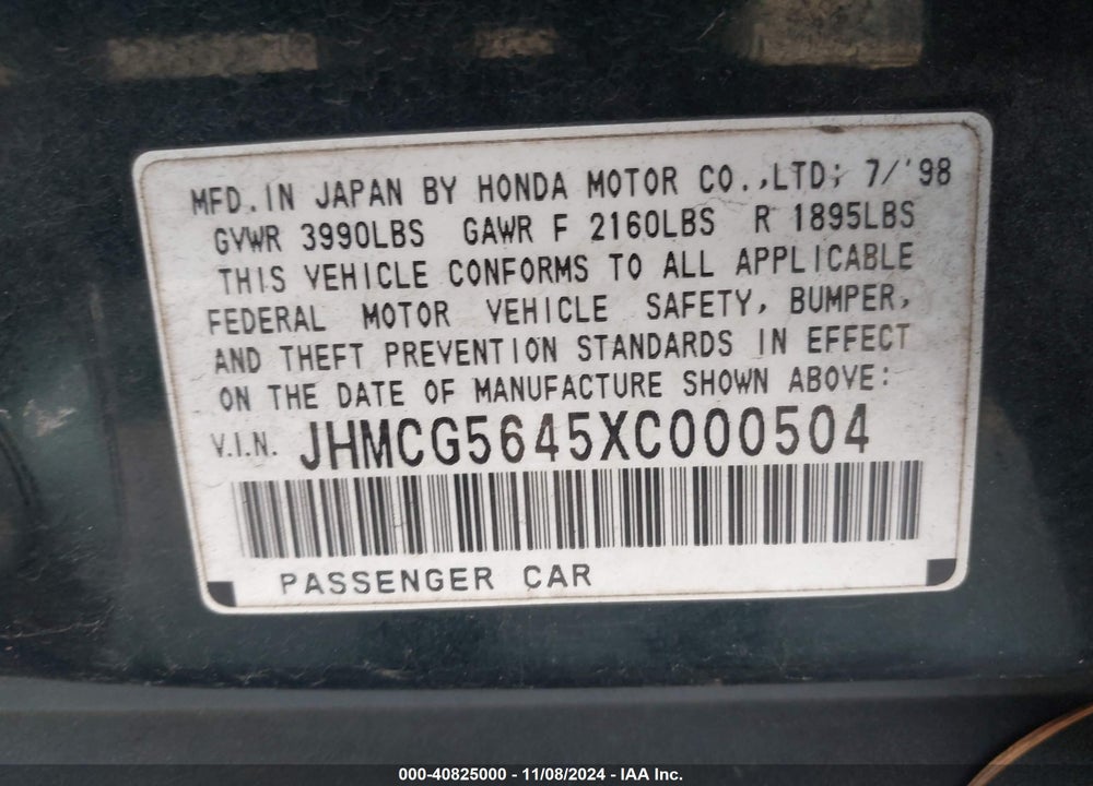 1999 HONDA ACCORD LX VIN: JHMCG5645XC000504