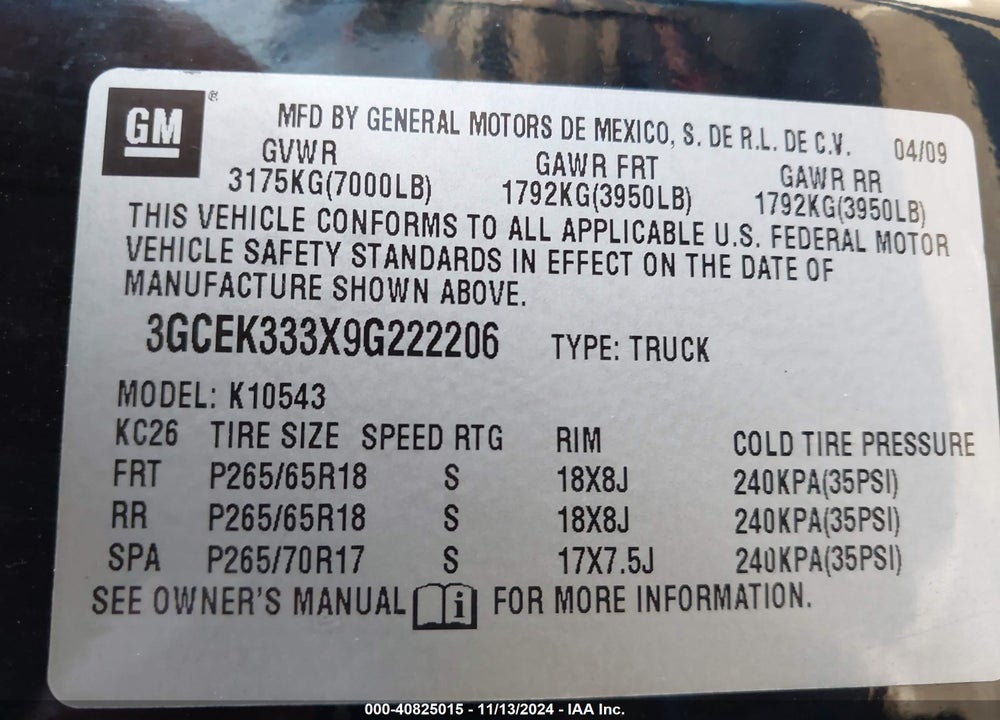 2009 CHEVROLET SILVERADO 1500 LTZ VIN: 3GCEK333X9G222206