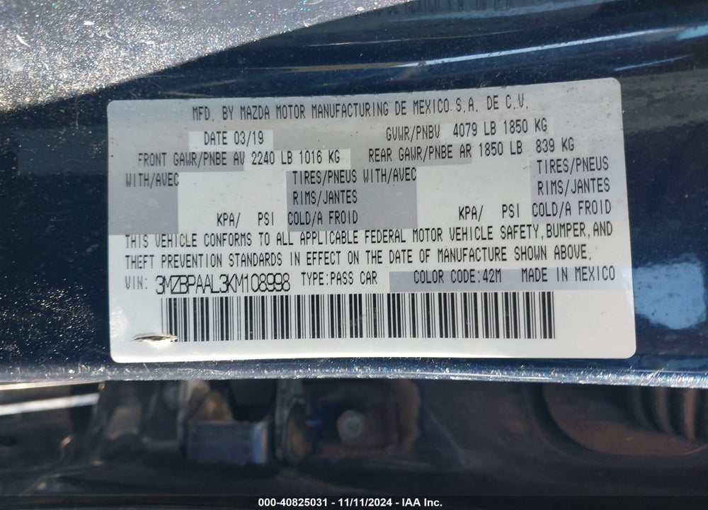 2019 MAZDA 3 SELECT PACKAGE VIN: 3MZBPAAL3KM108998