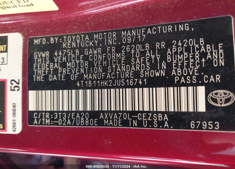 2018 TOYOTA CAMRY VIN: 4T1B11HK2JU516741