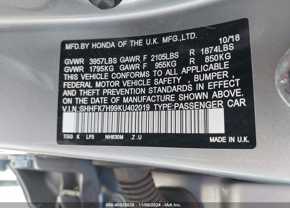 2019 HONDA CIVIC VIN: SHHFK7H99KU402019