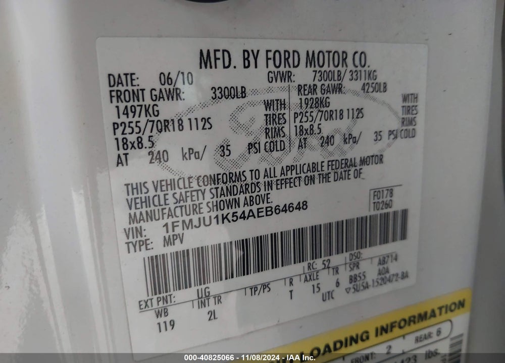 2010 FORD EXPEDITION LIMITED VIN: 1FMJU1K54AEB64648