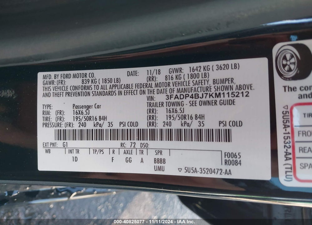 2019 FORD FIESTA SE VIN: 3FADP4BJ7KM115212