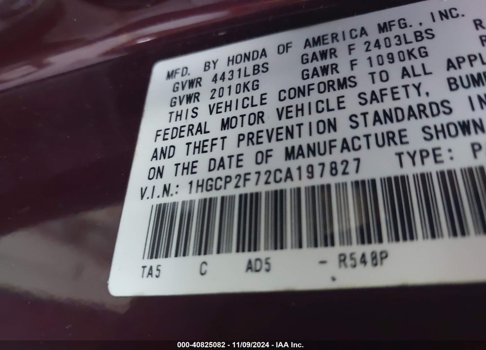 2012 HONDA ACCORD 2.4 EX VIN: 1HGCP2F72CA197827