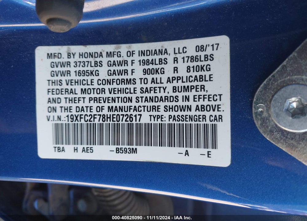 2017 HONDA CIVIC EX VIN: 19XFC2F78HE072617