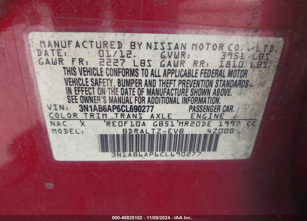2012 NISSAN SENTRA 2.0 S VIN: 3N1AB6AP6CL690277