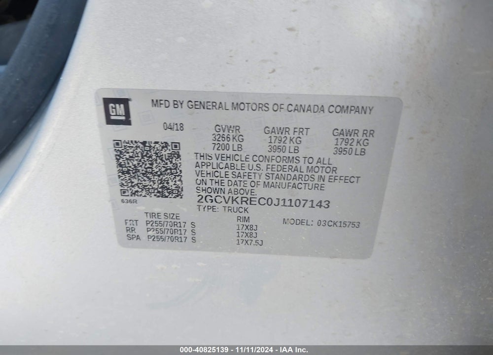 2018 CHEVROLET SILVERADO VIN: 2GCVKREC0J1107143