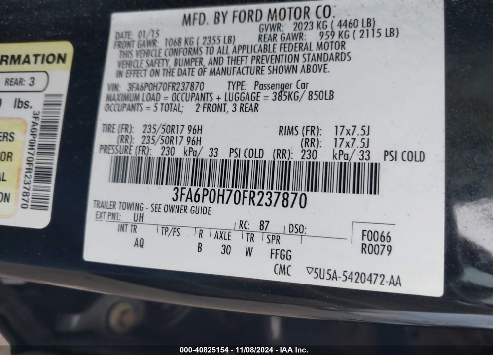2015 FORD FUSION SE VIN: 3FA6P0H70FR237870