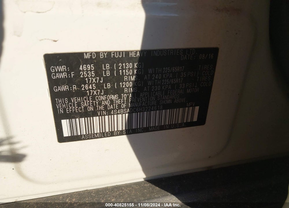 2017 SUBARU OUTBACK 2.5I PREMIUM VIN: 4S4BSADC6H3224618