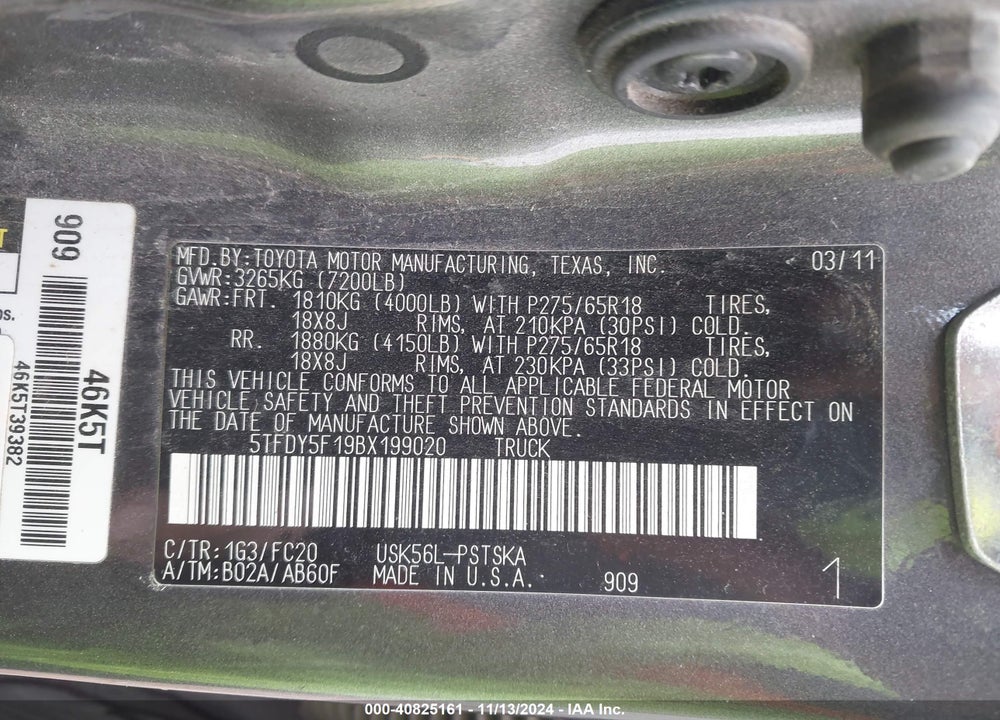2011 TOYOTA TUNDRA GRADE 5.7L V8 VIN: 5TFDY5F19BX199020