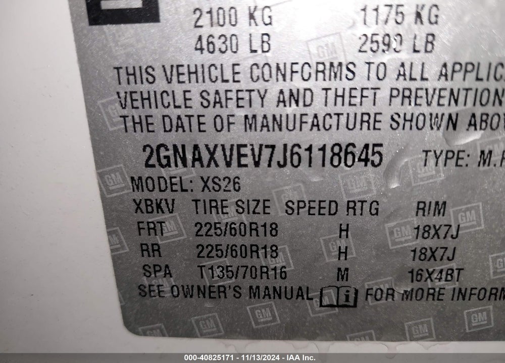 2018 CHEVROLET EQUINOX PREMIER VIN: 2GNAXVEV7J6118645
