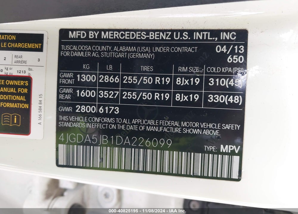 2013 MERCEDES-BENZ ML 350 VIN: 4JGDA5JB1DA226099