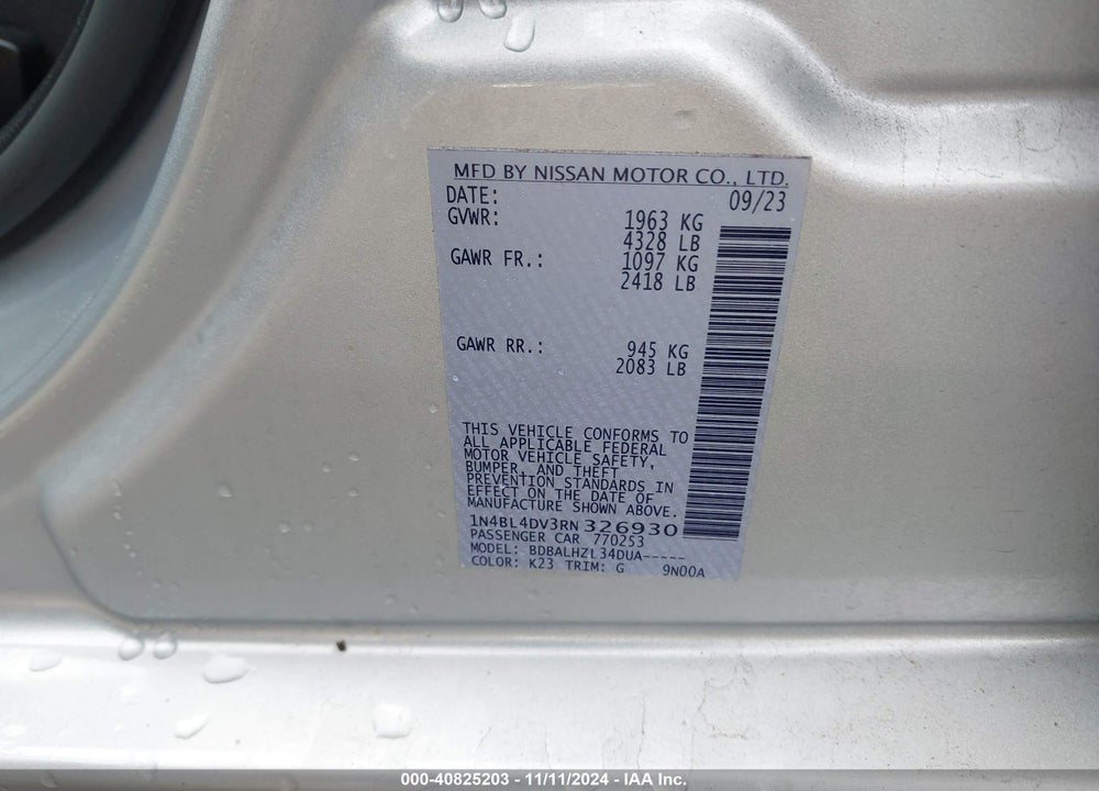 2024 NISSAN ALTIMA SV FWD VIN: 1N4BL4DV3RN326930