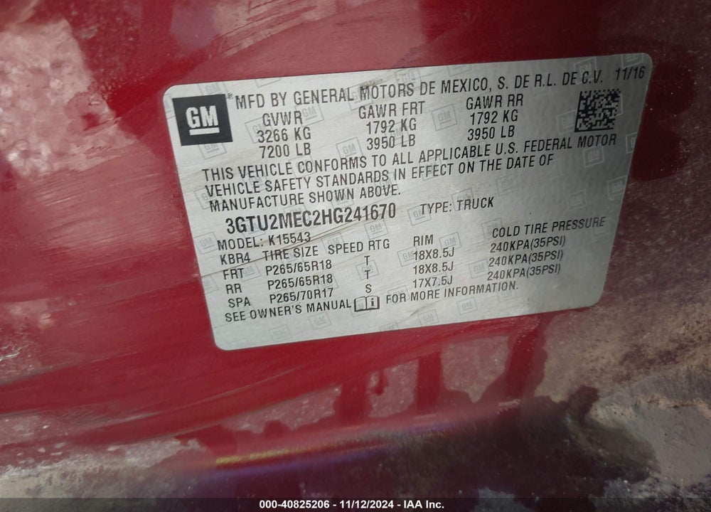 2017 GMC SIERRA 1500 SLE VIN: 3GTU2MEC2HG241670