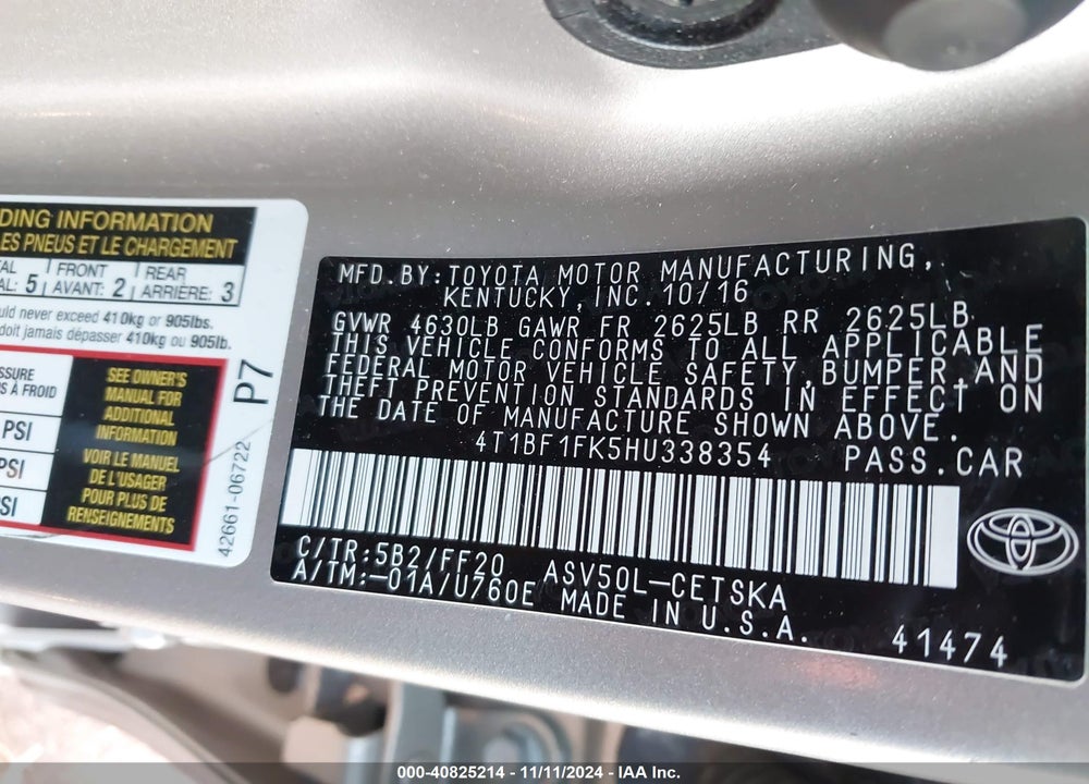2017 TOYOTA CAMRY SE VIN: 4T1BF1FK5HU338354