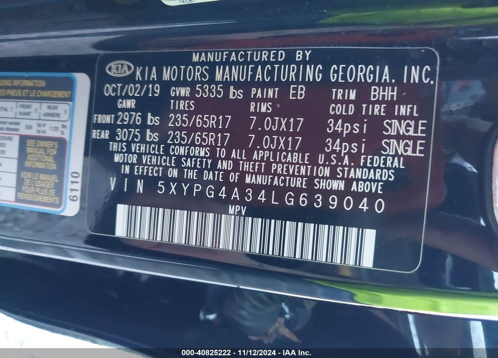 2020 KIA SORENTO 2.4L LX VIN: 5XYPG4A34LG639040