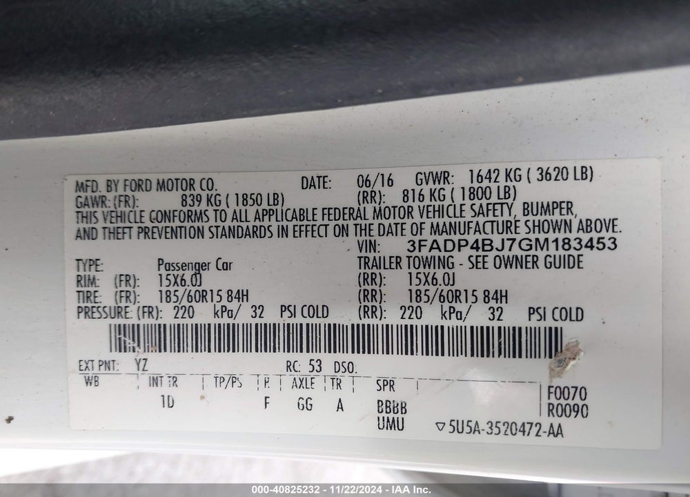 2016 FORD FIESTA SE VIN: 3FADP4BJ7GM183453