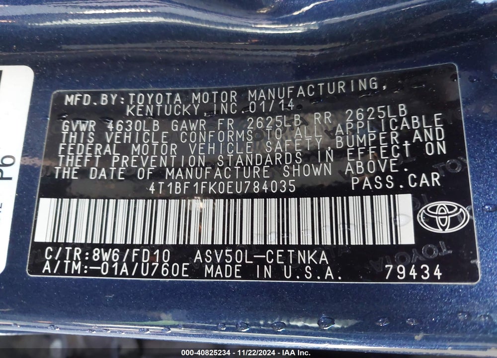 2014 TOYOTA CAMRY LE VIN: 4T1BF1FK0EU784035