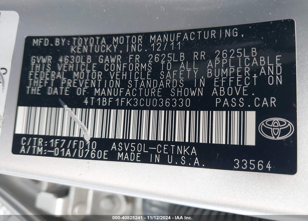 2012 TOYOTA CAMRY LE VIN: 4T1BF1FK3CU036330