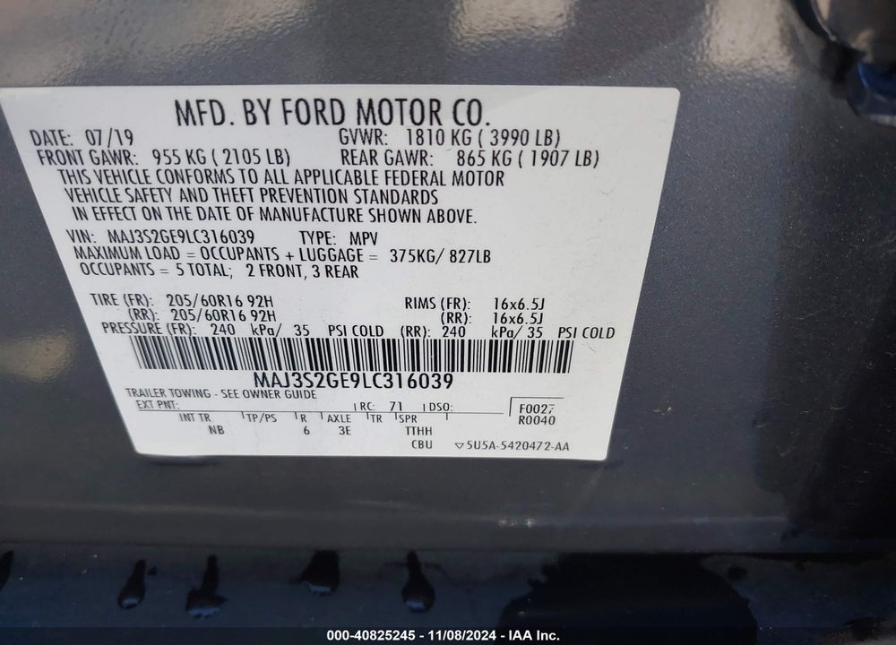 2020 FORD ECOSPORT SE VIN: MAJ3S2GE9LC316039