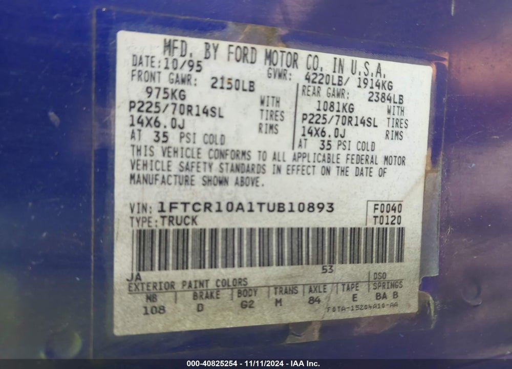 1996 FORD RANGER VIN: 1FTCR10A1TUB10893