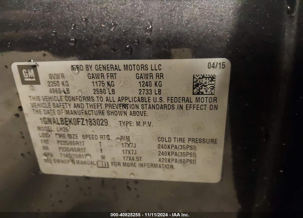 2015 CHEVROLET EQUINOX 1LT VIN: 1GNALBEK0FZ133029