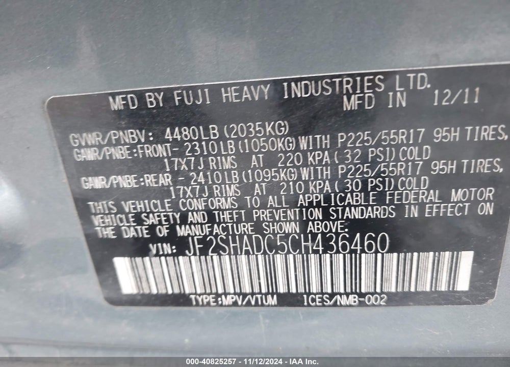 2012 SUBARU FORESTER 2.5X PREMIUM VIN: JF2SHADC5CH436460