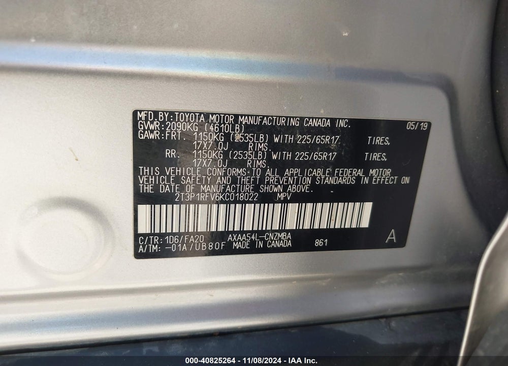 2019 TOYOTA RAV4 XLE VIN: 2T3P1RFV6KC018022