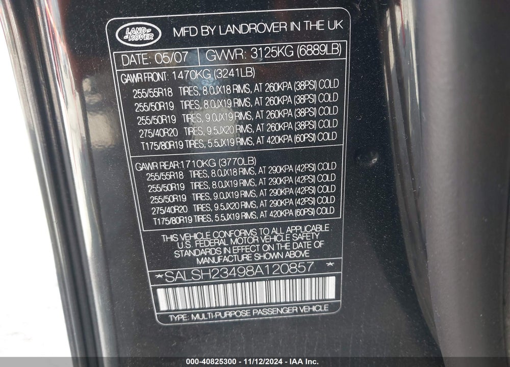 2008 LAND ROVER RANGE ROVER SPORT SUPERCHARGED VIN: SALSH23498A120857