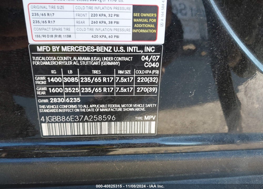 2007 MERCEDES-BENZ ML 350 4MATIC VIN: 4JGBB86E37A258596