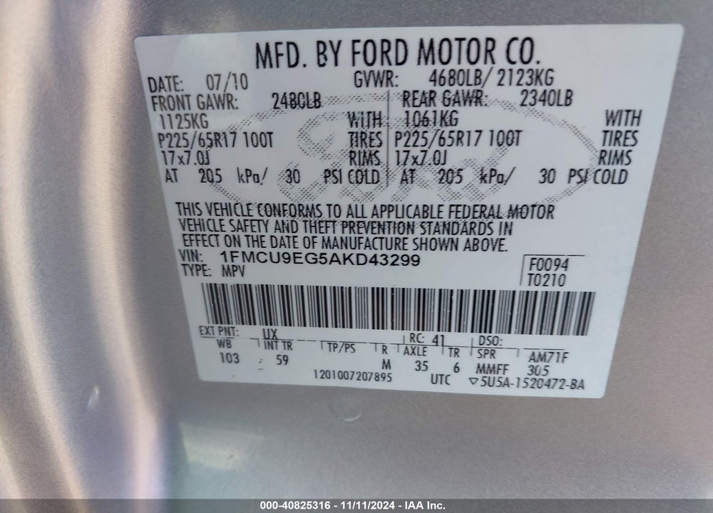 2010 FORD ESCAPE LIMITED VIN: 1FMCU9EG5AKD43299