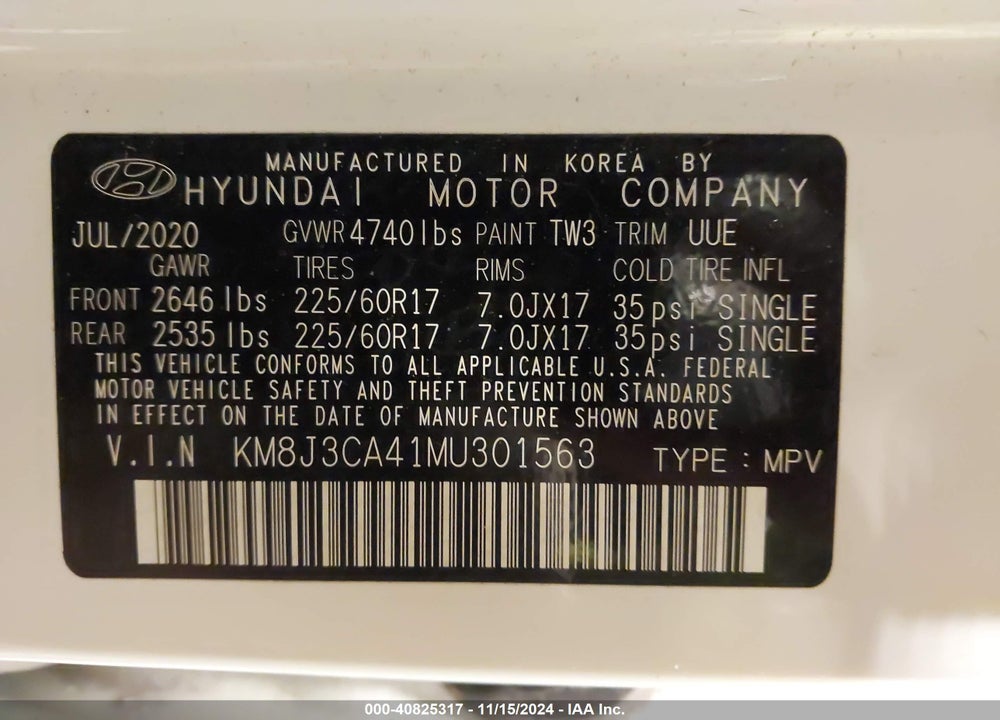 2021 HYUNDAI TUCSON VALUE VIN: KM8J3CA41MU301563