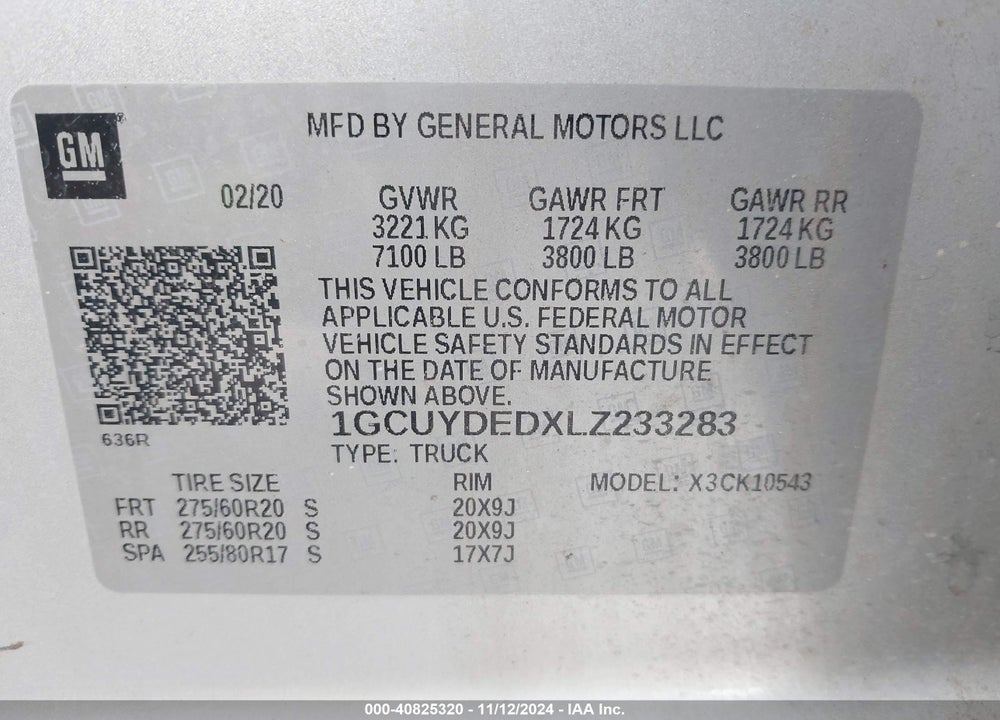 2020 CHEVROLET SILVERADO 1500 4WD SHORT BED LT VIN: 1GCUYDEDXLZ233283