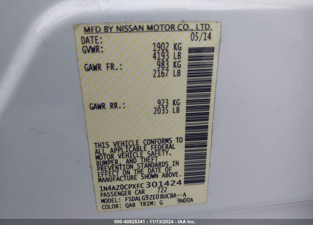 2015 NISSAN LEAF SL VIN: 1N4AZ0CPXFC301424
