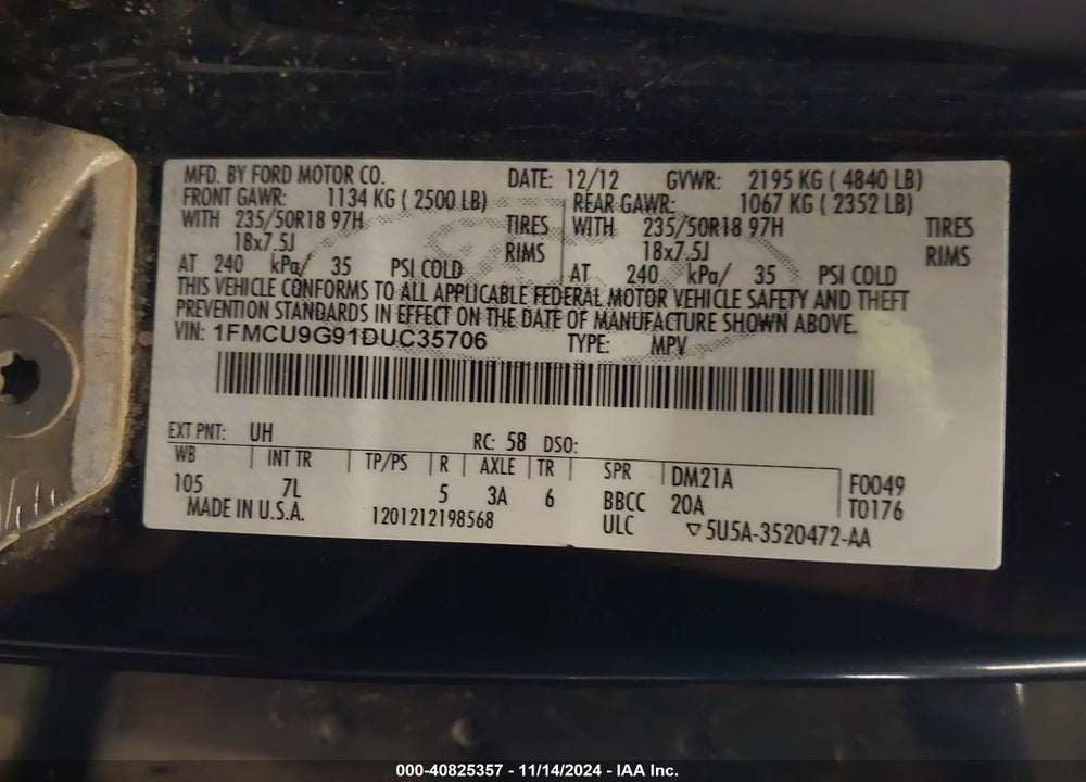 2013 FORD ESCAPE SE VIN: 1FMCU9G91DUC35706
