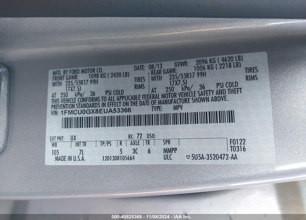 2014 FORD ESCAPE SE VIN: 1FMCU0GX8EUA53366
