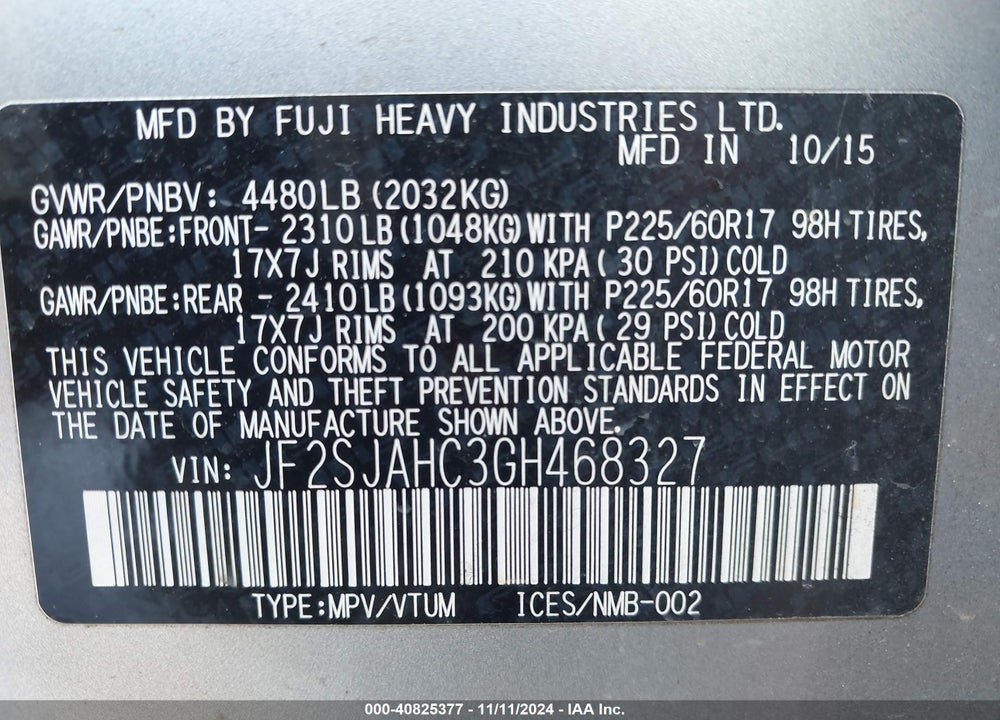 2016 SUBARU FORESTER 2.5I LIMITED VIN: JF2SJAHC3GH468327