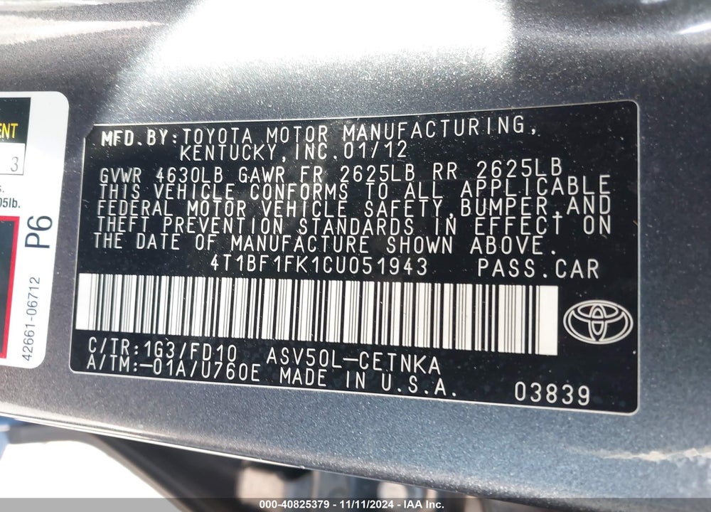2012 TOYOTA CAMRY LE VIN: 4T1BF1FK1CU051943