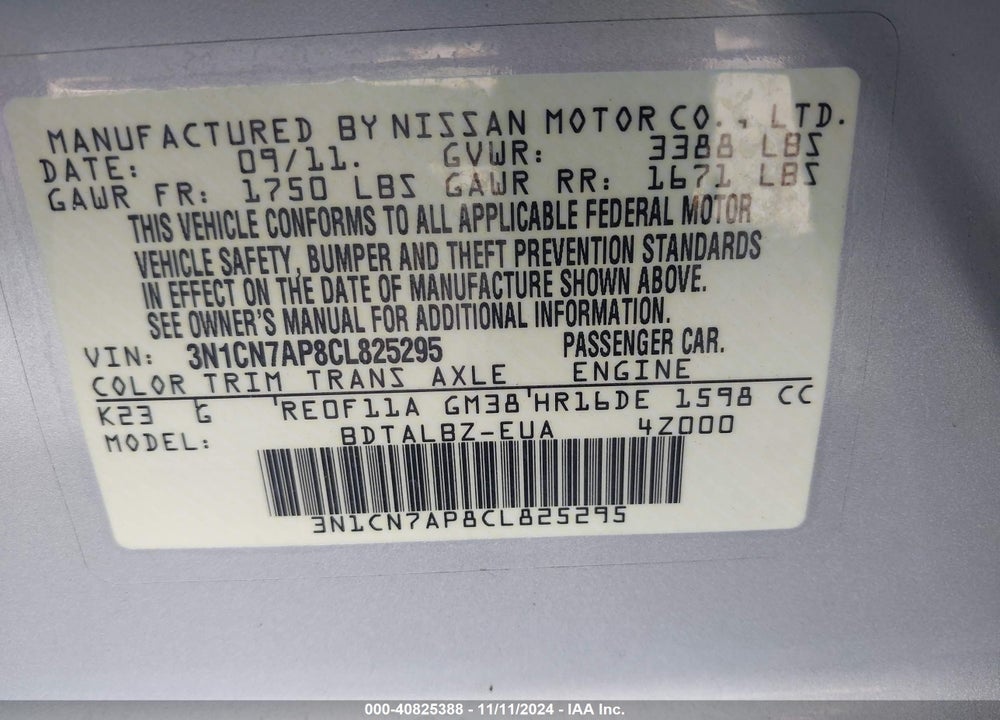 2012 NISSAN VERSA 1.6 SV VIN: 3N1CN7AP8CL825295